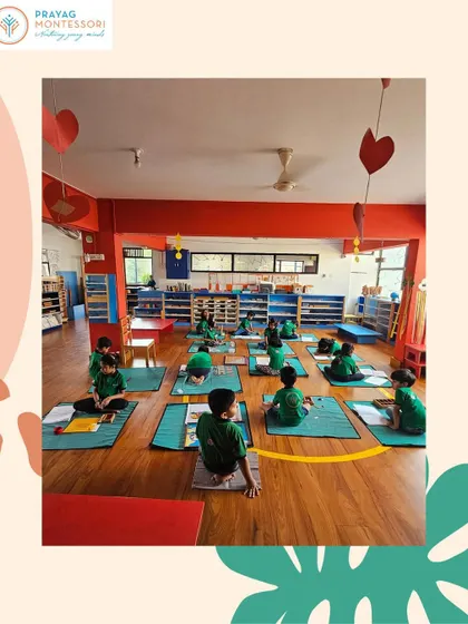 The prepared environment in action. You can see the orderly shelves and the children confidently using the materials they have chosen for themselves.