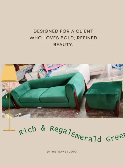 Designed for a client who loves bold, refined beauty. This sofa, upholstered in a rich and regal emerald green velvet, makes a powerful statement. The clean lines are accented by dark wood paneling on the arms.