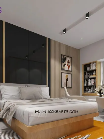 This bedroom in the 'Modern Ethnic' home features a bold black and wood-paneled accent wall, a floating study desk, and vibrant yellow accents, creating a dynamic and modern space.