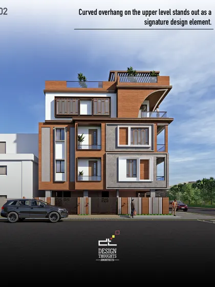 The curved overhang on the upper level of this modern vernacular house is a signature design element. It's not just functional for shade but also gives the home a unique architectural identity.