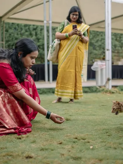 Sometimes, unexpected guests make an appearance. A wedding guest taking a moment to feed a friendly cat is a sweet, unscripted scene that adds character to the day's story.