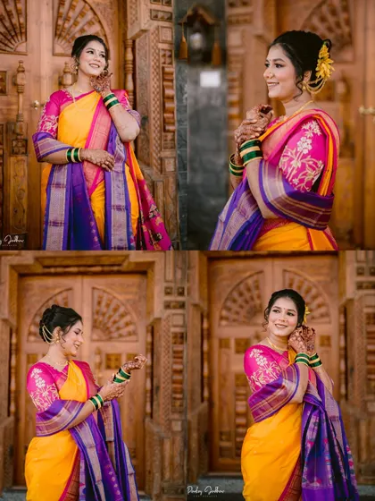 A collage of bridal portraits, capturing Ankita's various expressions and poses on her wedding day.