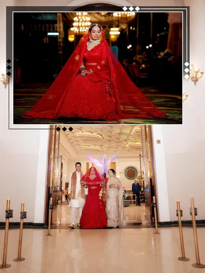 A collage showing the bride's grand entry with her parents, her long red veil creating a dramatic effect.