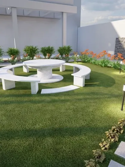 A 3D design featuring a unique circular stone bench on a lush lawn, creating a focal point for social gatherings within the garden.
