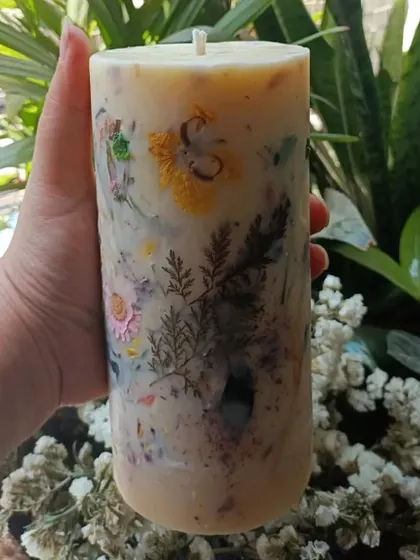 Flowers and scented candles are a secret to winning hearts. These two large floral love pillar candles were customized for a client in lavender and other luxury fragrances.
