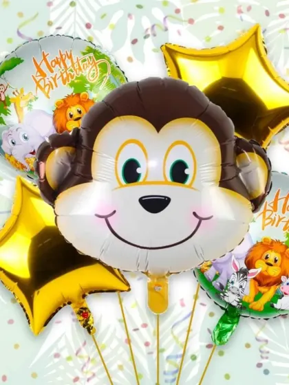This is a 5-piece foil balloon set for a jungle or animal themed party. The set includes a large monkey face, two star-shaped balloons, and two round "Happy Birthday" balloons with various animal characters.