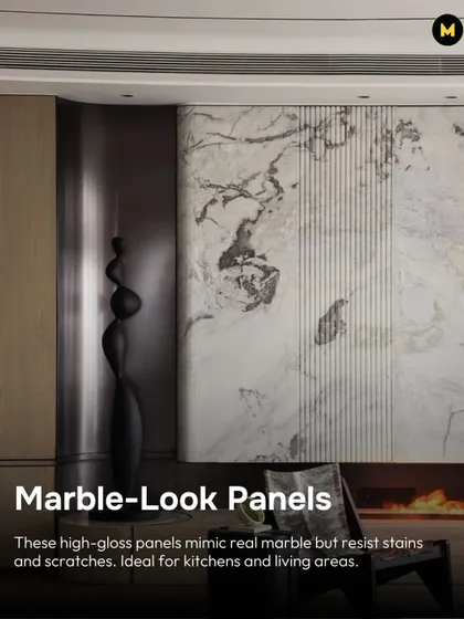 High-gloss marble-look panels mimic the beauty of real marble but are much more resistant to stains and scratches. This makes them a great choice for high-use areas like kitchens and living rooms.