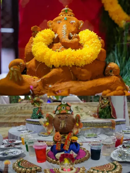 A collage showing two forms of Ganesha celebrated at our ashram. The top is a large, turmeric-based idol, while the bottom is a smaller, decorated coconut, both worshipped with equal devotion.