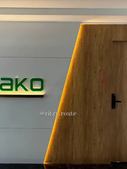 The final look of the "Sanako" office entrance, featuring a backlit logo, a sleek wooden door, and an angled accent light, creating a strong first impression.