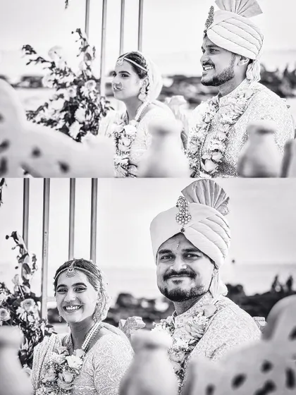 A black and white collage of a couple's candid moments during their Goa beach wedding ceremony.