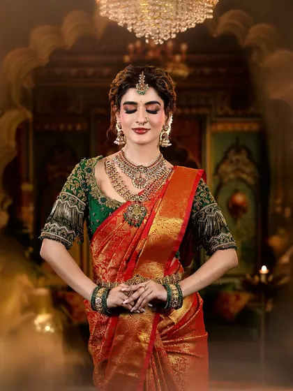 A regal and traditional bridal look featuring a rich red and green Kanjivaram saree. The makeup is defined by warm, shimmery eyes and a deep red lip, perfectly accessorized with temple jewelry.