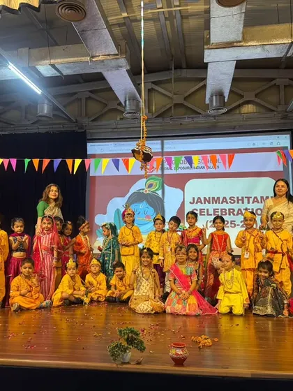 The entire cast of our pre-primary Janmashtami performance on stage. These little Gopiyas and Kanhas stole the show with their charm and energy.