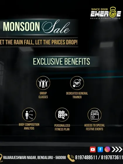 Our Monsoon Sale is here. Let the prices drop with exclusive benefits like group classes, a dedicated general trainer, and access to special festive events.