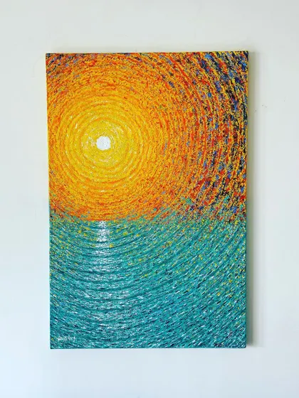 'ScapeLand' is an abstract landscape created with a palette knife. It's an invitation to break from monotony and see the world differently, reimagining a familiar sunset over water with texture and unconventional patterns.