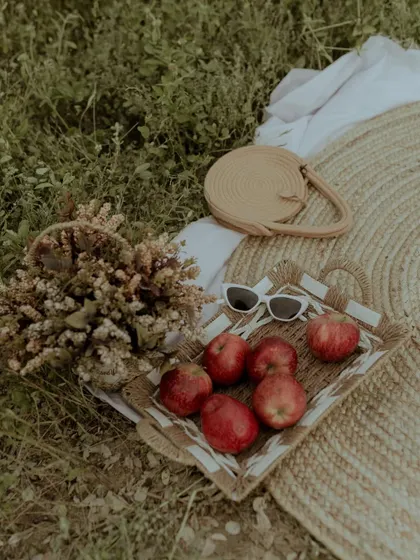 Another detail shot of the picnic setup, featuring apples and sunglasses, adding to the lifestyle feel.