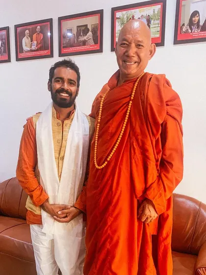 With Bhikkhu Sanghasena Guruji, the founder of the Mahabodhi International Meditation Centre in Leh, Ladakh. It is a blessing to be welcomed by and learn from such great masters.