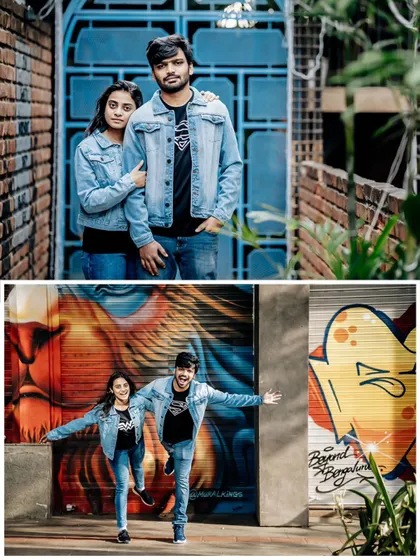 A fun and energetic collage of a couple posing against urban backdrops, including a graffiti wall and a blue gate.