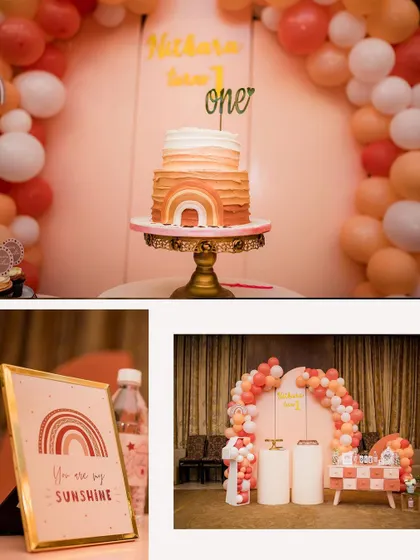 Details from a "You Are My Sunshine" themed first birthday party, including the beautiful cake and themed signage.