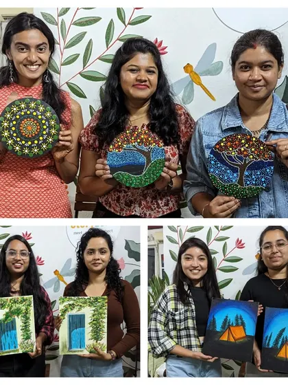 A collage of participants with their finished dot art and canvas paintings, showcasing the beautiful and diverse artwork created.