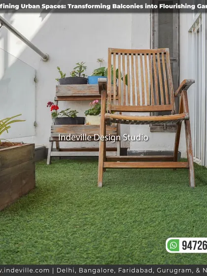 A close-up of the comfortable wooden chair and rustic planters, showcasing the use of natural materials to create a serene balcony retreat.