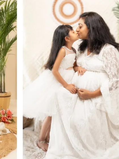 Whispers of motherhood in a boho-inspired setting. This portrait captures the sweet connection between a mother and her daughter as they await a new arrival.