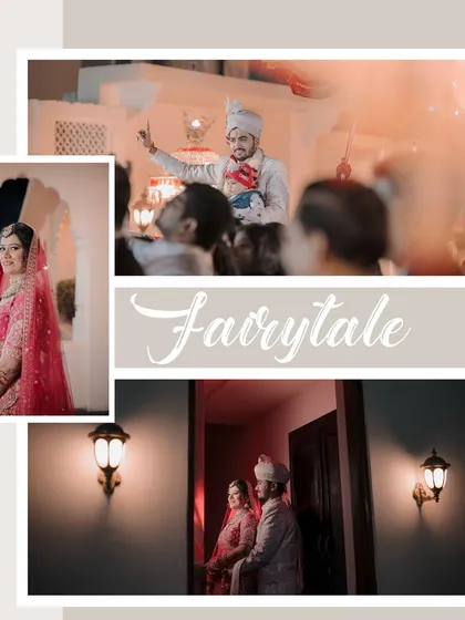 We create fairytale moments for our couples. This collage combines a stunning bridal portrait with shots of the groom's procession and a quiet, romantic moment between the two.
