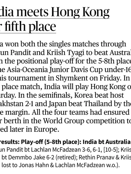 News coverage of Team India's win over Australia in the Junior Davis Cup, with Aarjun's victory being a key contributor.