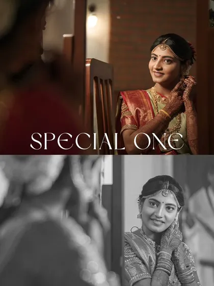 A collage of the "Special One," the bride, showing her getting ready and reflecting in a mirror, capturing the anticipation of the day.