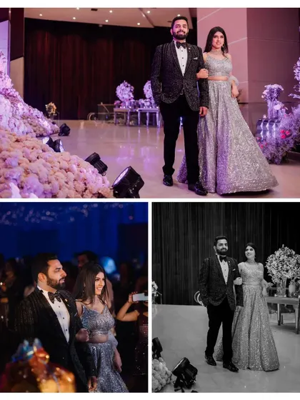 A collage of photos from the engagement night, showing the couple's grand entrance and candid moments.