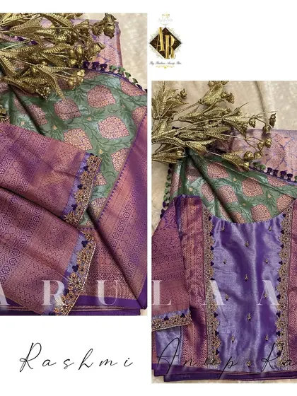A lavender blouse with a simple embroidered border. The saree's original brocade fabric is used for the body of the blouse, with the embroidery adding a touch of custom detail.