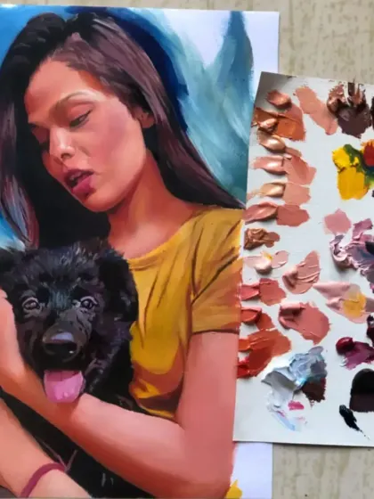 A heartwarming oil painting of a girl with her puppy. Pet portraits are a wonderful way to celebrate our furry family members.