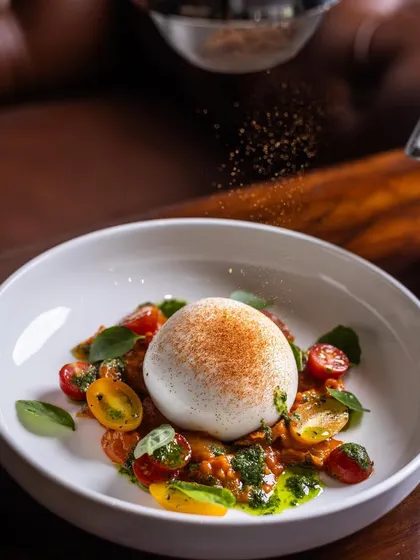 A final dusting of spice over the Burrata Salad adds a touch of warmth and complexity. This dish proves that salads don't have to be boring.