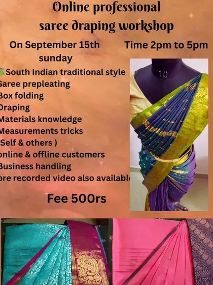 A flyer for a Sunday workshop in September, covering the full syllabus from pre-pleating to business handling.
