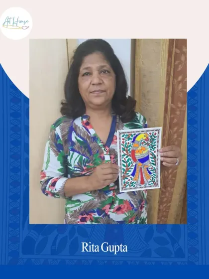 Student Rita Gupta with her beautiful Madhubani painting. My online workshops are designed to be step-by-step, making it easy for anyone to learn.