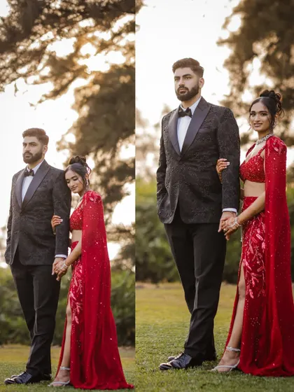 A collage of the couple in their striking red and black reception outfits.