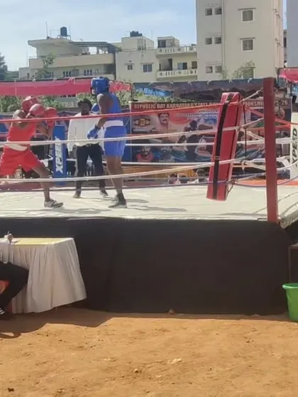 An action shot from the Republic Day Karnataka State Boxing Championship. My students competed against tough opponents, putting their skills to the test in a real tournament setting.