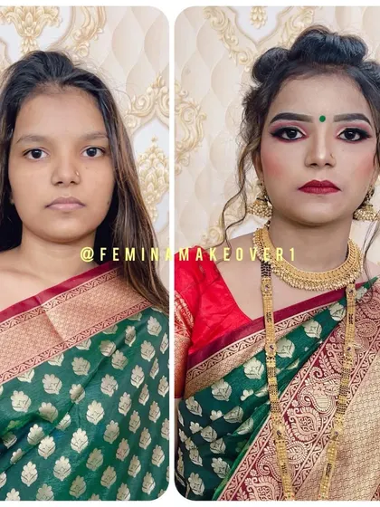 Another amazing transformation for a wedding guest. The after photo shows a complete look with a sophisticated updo and makeup that enhances her natural beauty.