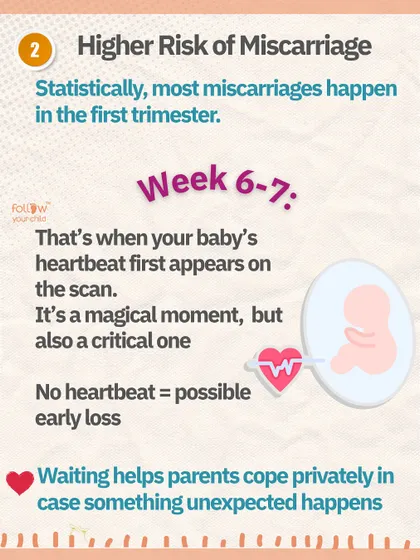 The first trimester has a higher risk of miscarriage, as the baby's heartbeat first appears around week 6-7. Waiting can give parents private space to cope if the unexpected happens.