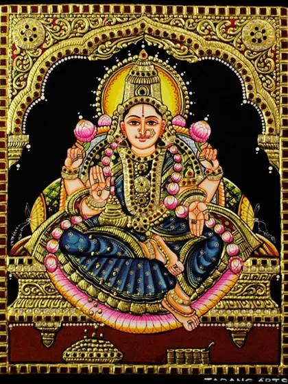 An unframed close-up of the blue-saree Lakshmi painting. This view showcases the fine details of her jewelry and the serene expression that our artists have masterfully captured.