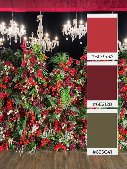A visual representation of our design process, showing the color palette of rich red, deep burgundy, and olive green that inspired this opulent floral wall.