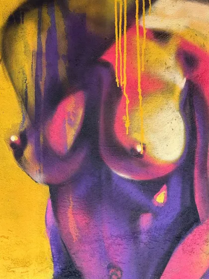 Another piece from my annual 'ShapeOfYou' series, where I paint the female form. This one has a vibrant, abstract feel with the purple and yellow palette.