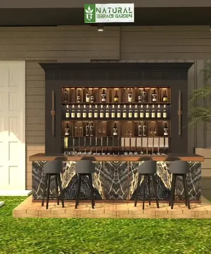 A 3D render of a fully stocked outdoor bar. The design includes a marble-patterned counter, extensive shelving for bottles, and stylish bar stools.