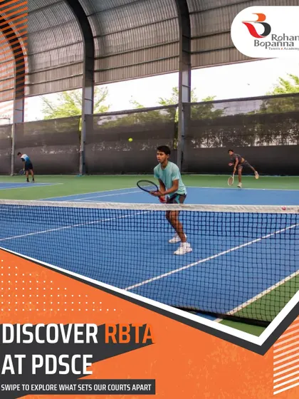 Discover what sets our courts apart. This graphic invites you to explore our top-tier facilities at the Padukone-Dravid Centre for Sports Excellence, where our players train on professional-grade surfaces.