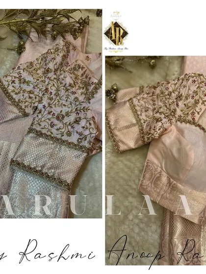 Another view of the pastel pink blouse, showing the intricate floral jall embroidery on the sleeves. The design uses subtle color variations for a beautiful effect.