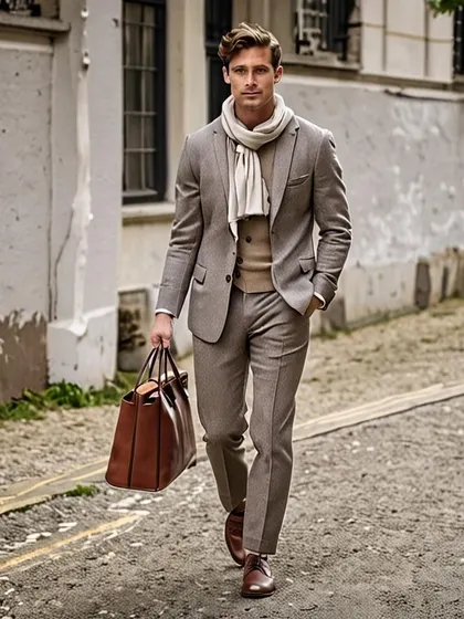 A full suit concept in a neutral beige tone, layered with a V-neck sweater and accessorized with a leather weekender bag. This AI visual helps brands plan a complete, sophisticated look for their collection.