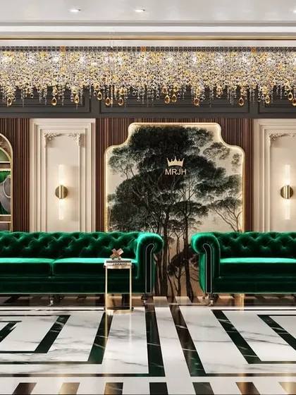 The waiting lounge of a commercial showroom, rendered to feel both luxurious and welcoming. The visualization balances opulent elements like tufted sofas and classical statues with a cohesive color scheme.
