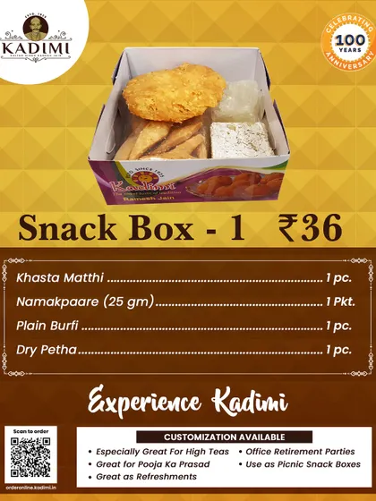 Snack Box 1 is a simple yet delicious pack with Khasta Matthi, Namakpaare, Plain Burfi, and Dry Petha.