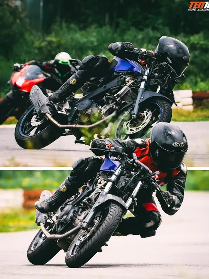 This sequence shows two of our riders in a practice session, demonstrating different lines through the same corner. We encourage sparring to help riders learn from each other and push their own boundaries.