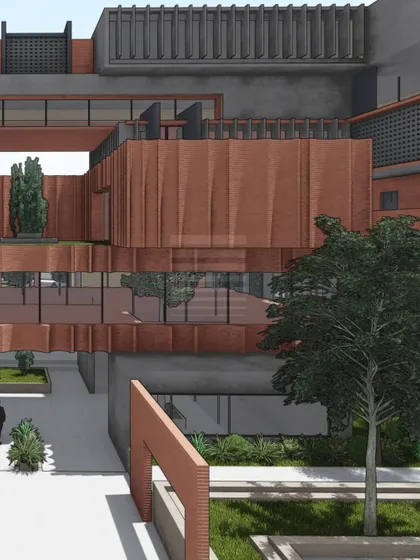 Another perspective of the competition project, highlighting the layered terraces and the interplay of volumes. These outdoor spaces are designed as extensions of the indoor learning areas, promoting a flexible and interactive educational model.