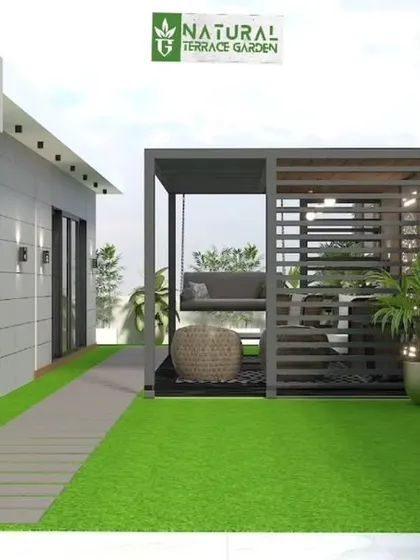 A 3D render showing a clean and modern terrace layout. The design focuses on a balance between the green lawn, a tiled pathway, and a semi-enclosed seating structure.